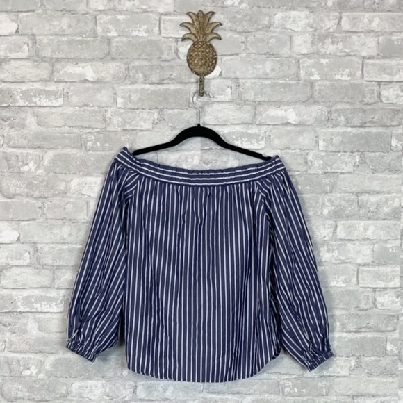 NWT J. Crew Striped Off Shoulder 3/4 Puff Sleeve Top In Blue & White - Picture 8 of 8